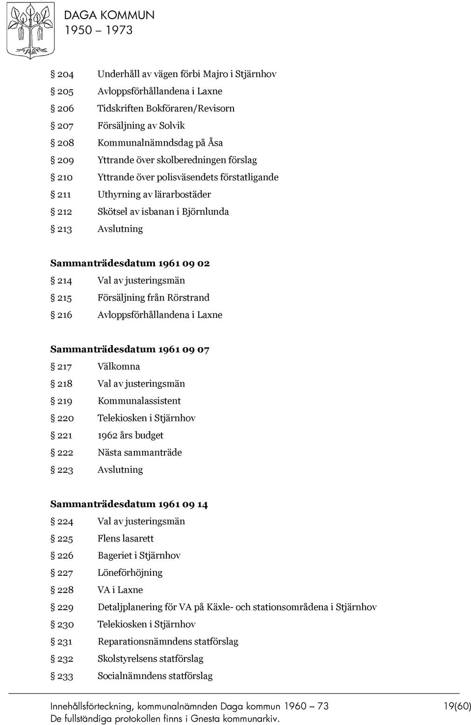 justeringsmän 215 Försäljning från Rörstrand 216 Avloppsförhållandena i Laxne Sammanträdesdatum 1961 09 07 217 Välkomna 218 Val av justeringsmän 219 Kommunalassistent 220 Telekiosken i Stjärnhov 221