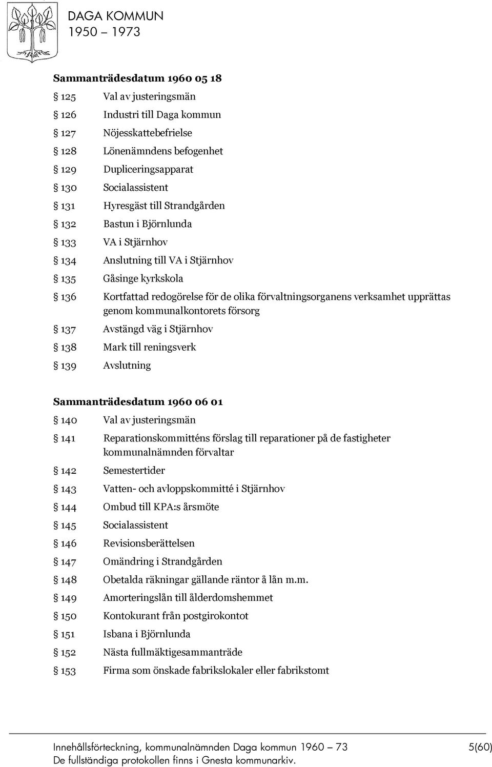 genom kommunalkontorets försorg 137 Avstängd väg i Stjärnhov 138 Mark till reningsverk 139 Avslutning Sammanträdesdatum 1960 06 01 140 Val av justeringsmän 141 Reparationskommitténs förslag till