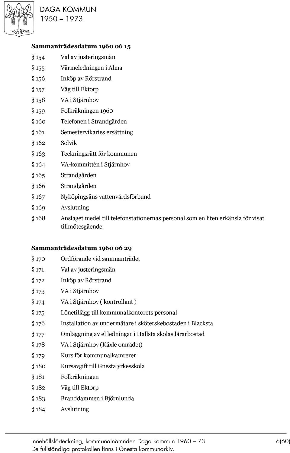 medel till telefonstationernas personal som en liten erkänsla för visat tillmötesgående Sammanträdesdatum 1960 06 29 170 Ordförande vid sammanträdet 171 Val av justeringsmän 172 Inköp av Rörstrand