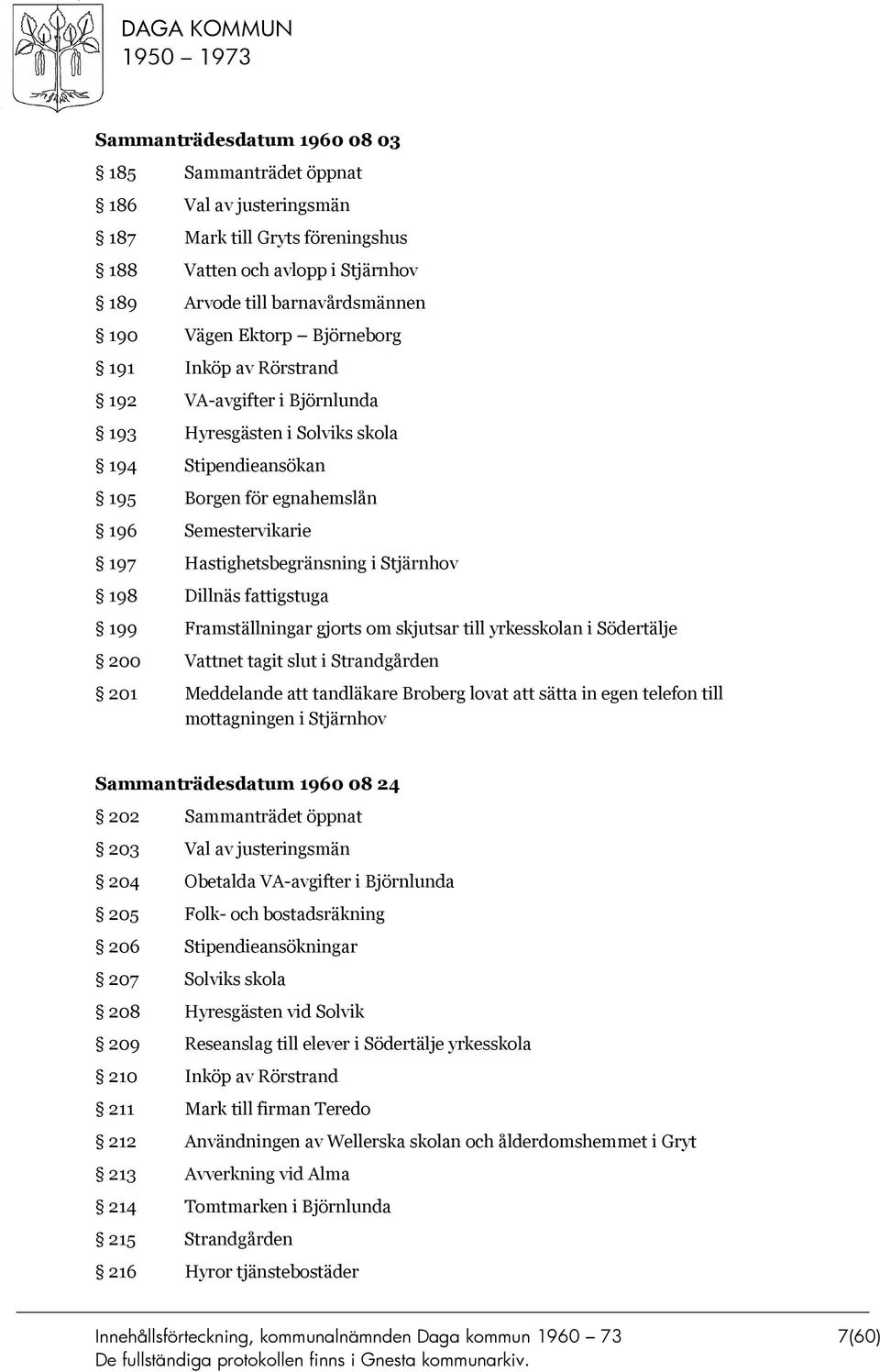 Stjärnhov 198 Dillnäs fattigstuga 199 Framställningar gjorts om skjutsar till yrkesskolan i Södertälje 200 Vattnet tagit slut i Strandgården 201 Meddelande att tandläkare Broberg lovat att sätta in