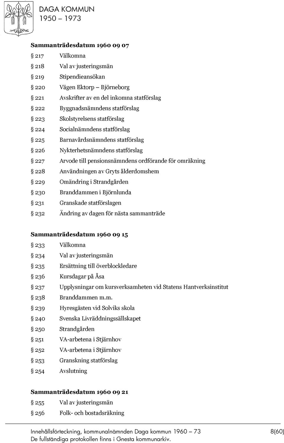 Användningen av Gryts ålderdomshem 229 Omändring i Strandgården 230 Branddammen i Björnlunda 231 Granskade statförslagen 232 Ändring av dagen för nästa sammanträde Sammanträdesdatum 1960 09 15 233