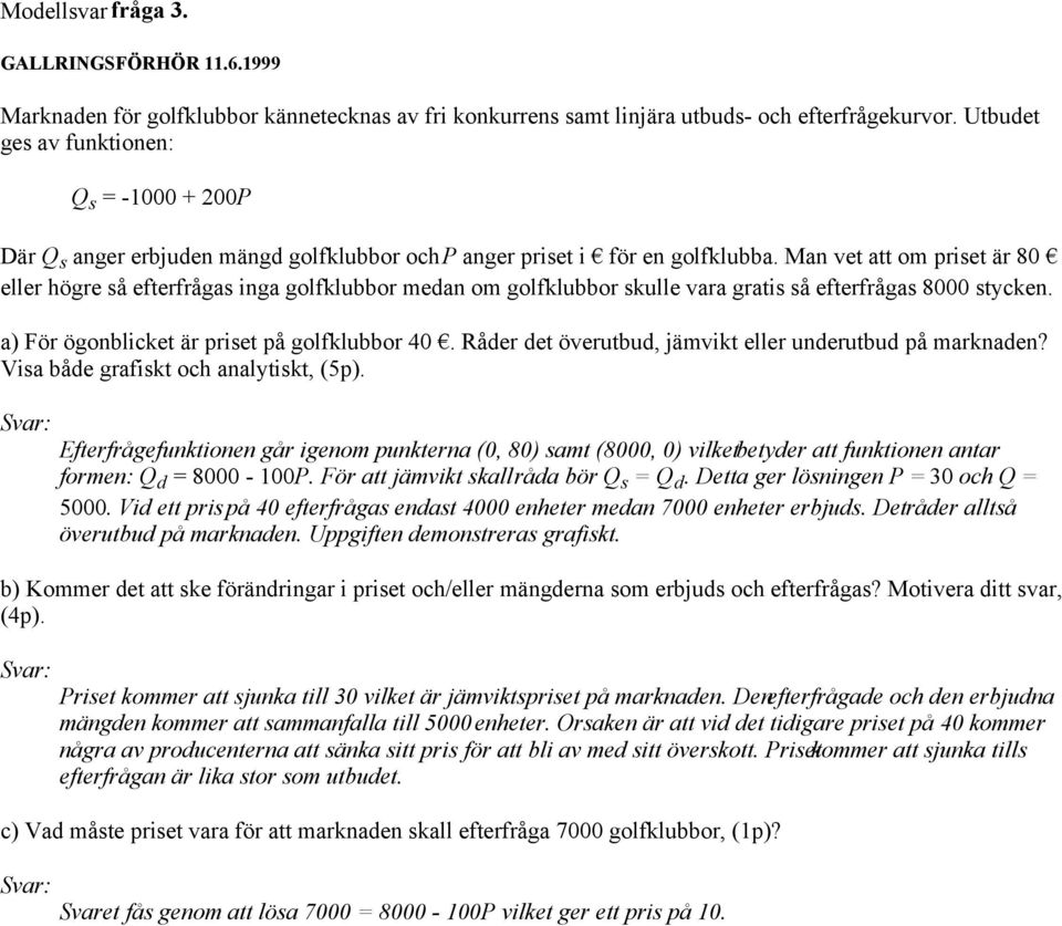 Man vet att om priset är 80 eller högre så efterfrågas inga golfklubbor medan om golfklubbor skulle vara gratis så efterfrågas 8000 stycken. a) För ögonblicket är priset på golfklubbor 40.