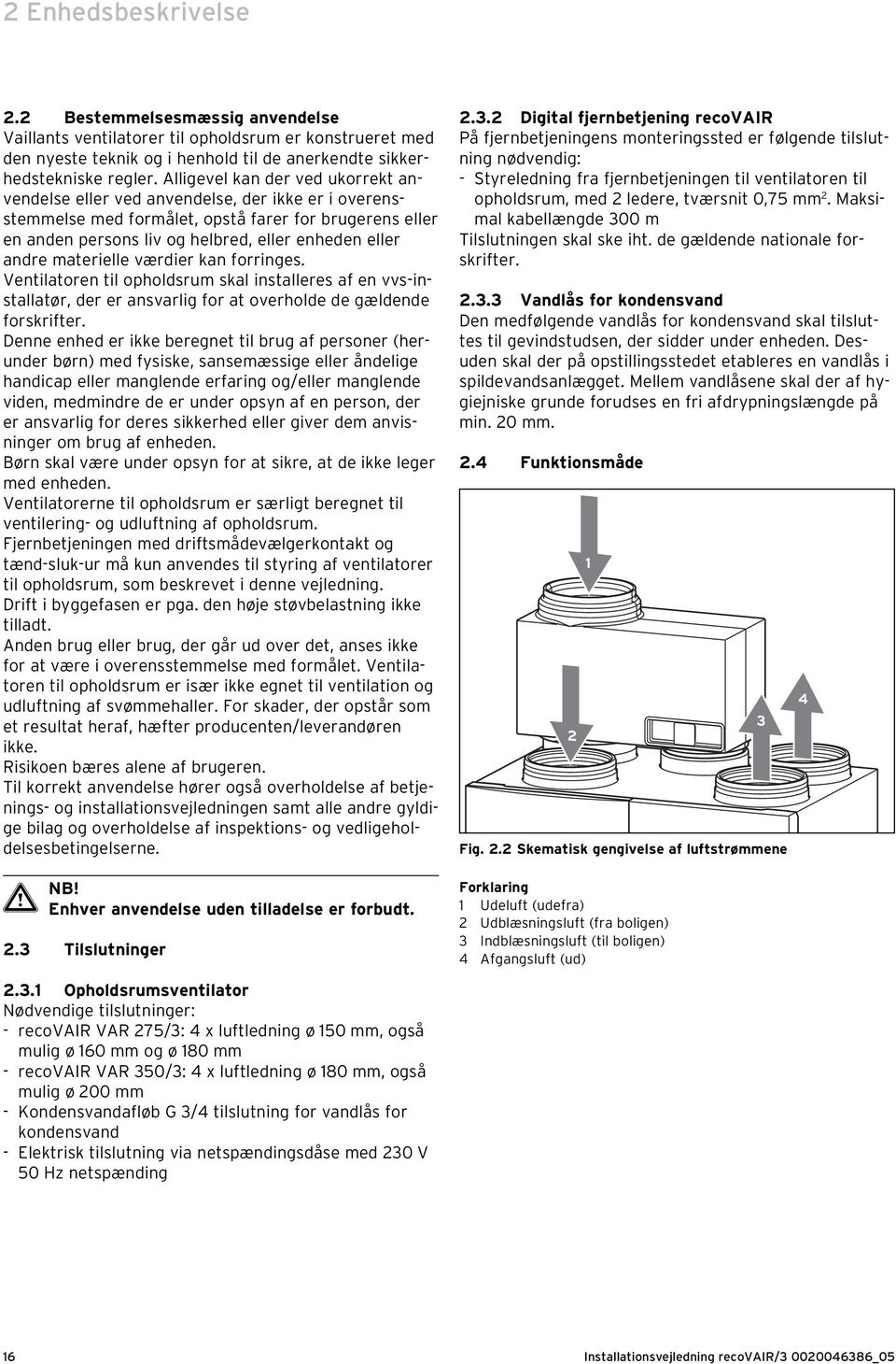 materielle værdier kan forringes. Ventilatoren til opholdsrum skal installeres af en vvs-installatør, der er ansvarlig for at overholde de gældende forskrifter.