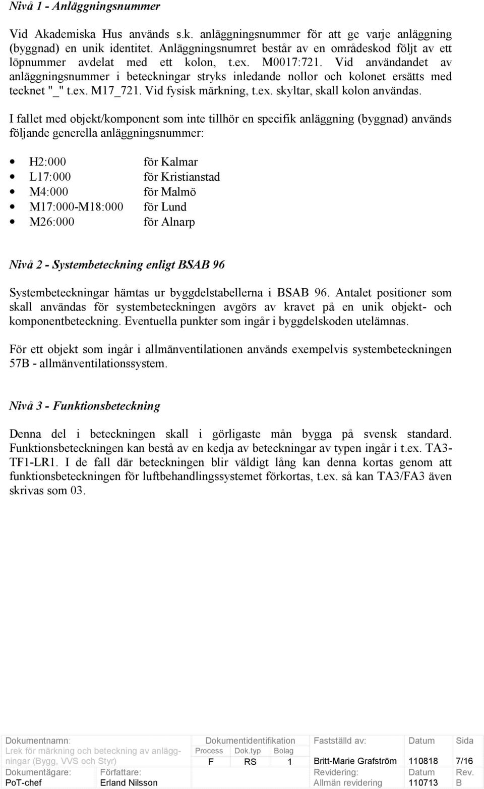 Vid användandet av anläggningsnummer i beteckningar stryks inledande nollor och kolonet ersätts med tecknet "_" t.ex. M17_721. Vid fysisk märkning, t.ex. skyltar, skall kolon användas.