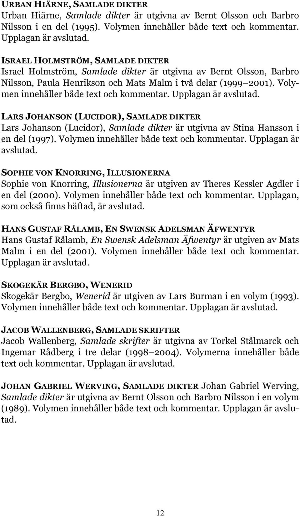 Volymen innehåller både text och kommentar. Upplagan är avslutad. LARS JOHANSON (LUCIDOR), SAMLADE DIKTER Lars Johanson (Lucidor), Samlade dikter är utgivna av Stina Hansson i en del (1997).