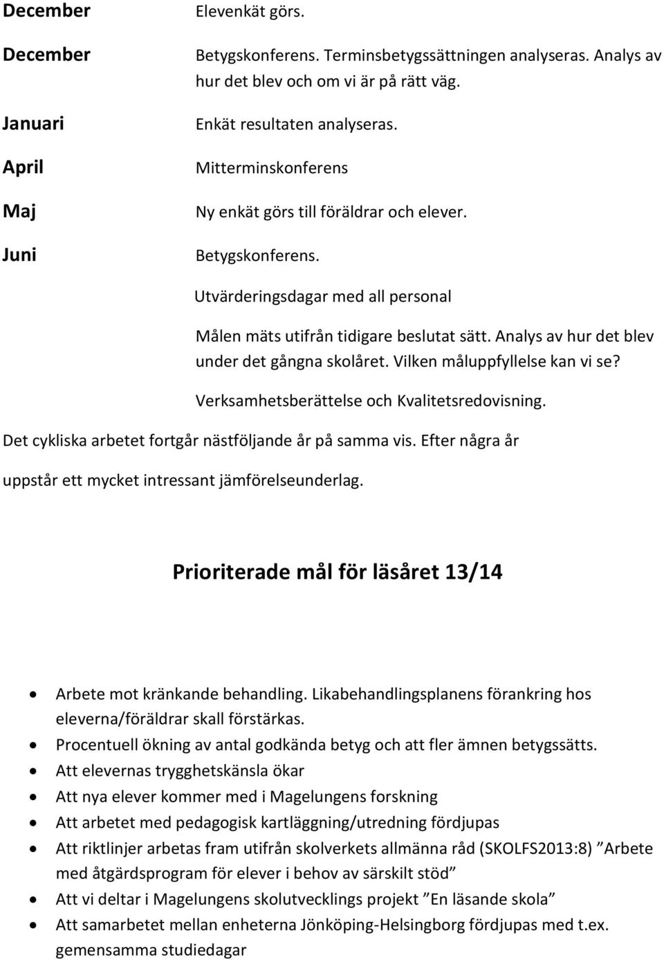 Analys av hur det blev under det gångna skolåret. Vilken måluppfyllelse kan vi se? Verksamhetsberättelse och Kvalitetsredovisning. Det cykliska arbetet fortgår nästföljande år på samma vis.