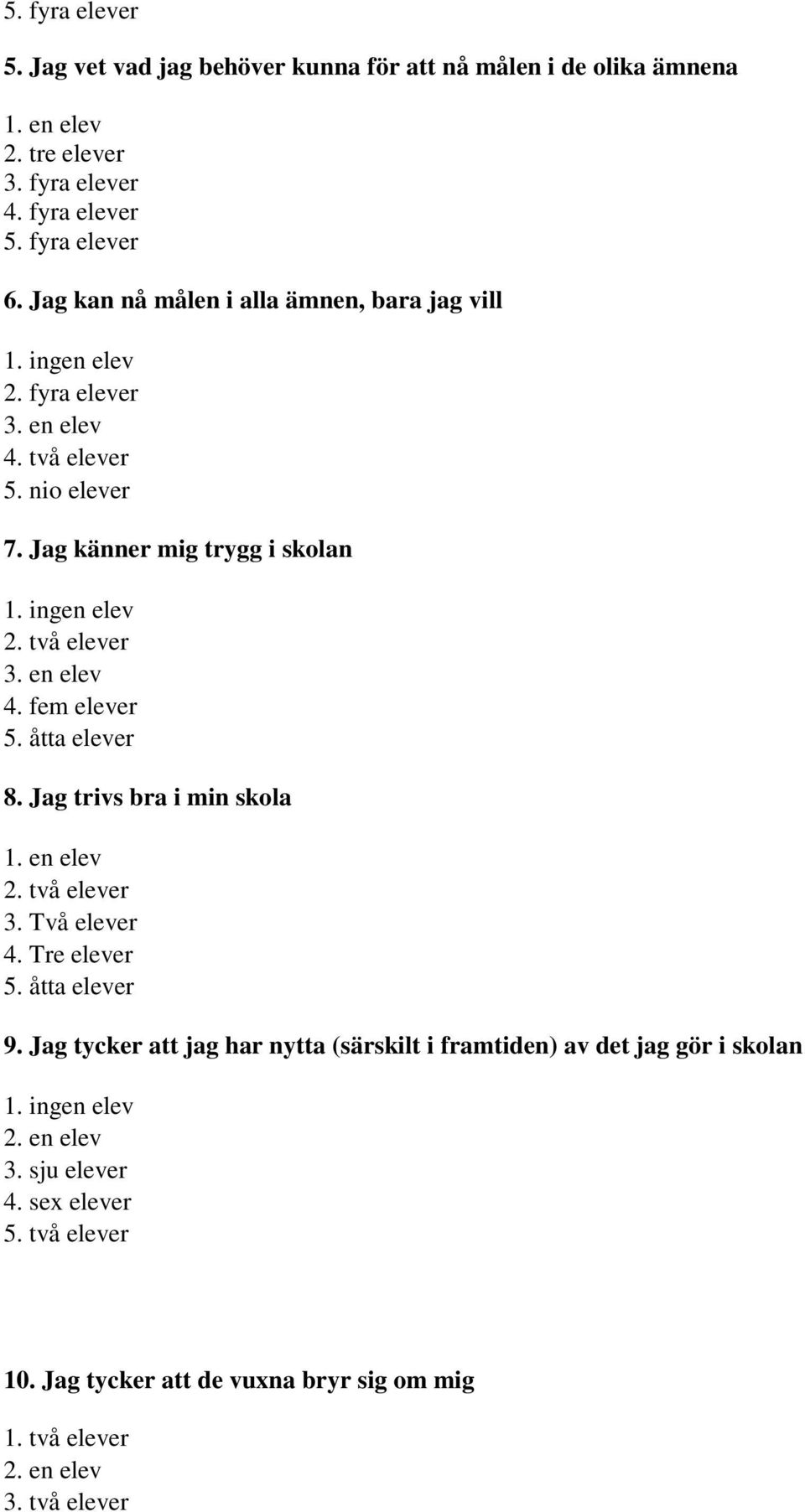 en elev 4. fem elever 5. åtta elever 8. Jag trivs bra i min skola 1. en elev 2. två elever 3. Två elever 4. Tre elever 5. åtta elever 9.