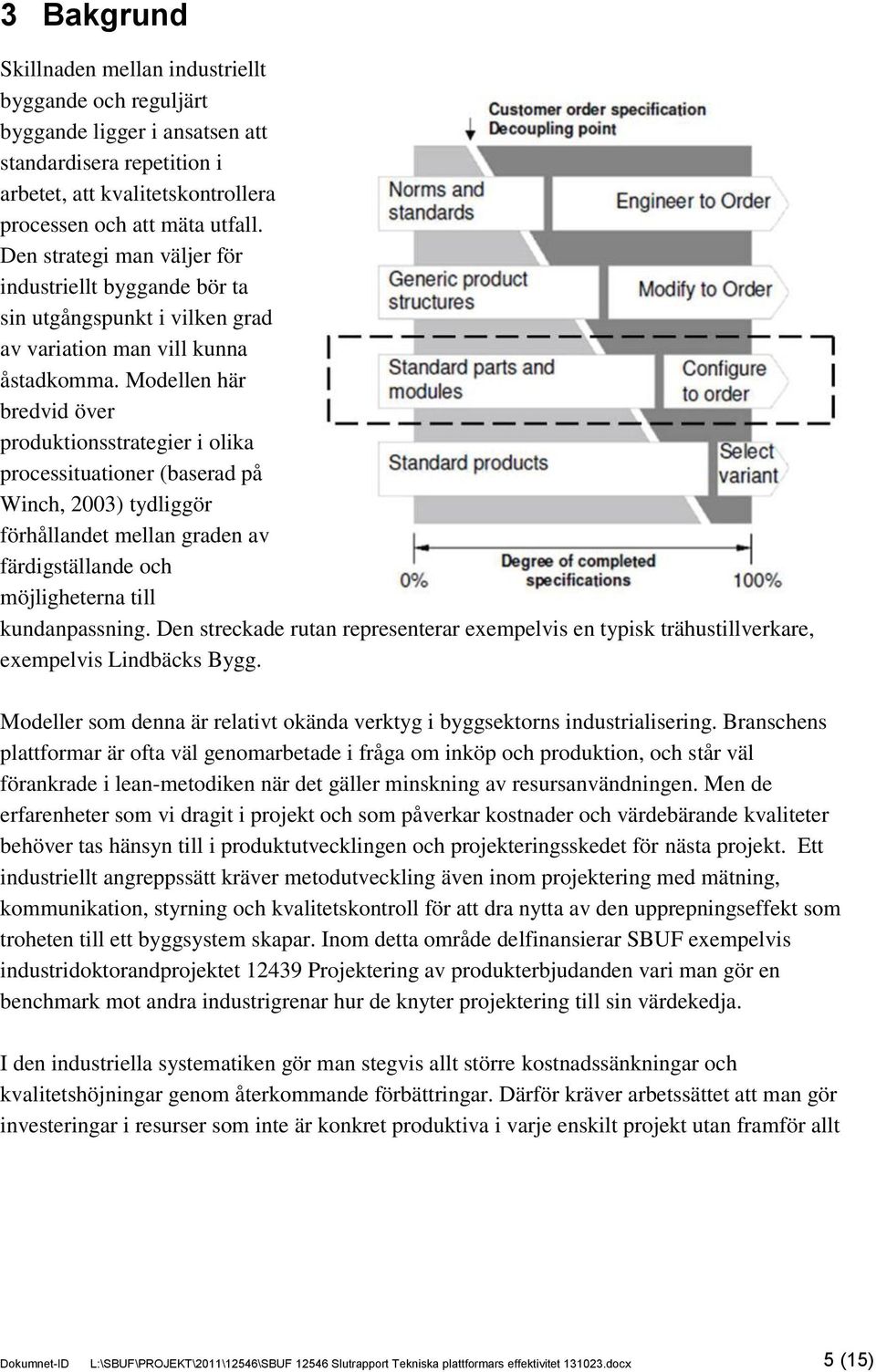 Modellen här bredvid över produktionsstrategier i olika processituationer (baserad på Winch, 2003) tydliggör förhållandet mellan graden av färdigställande och möjligheterna till kundanpassning.