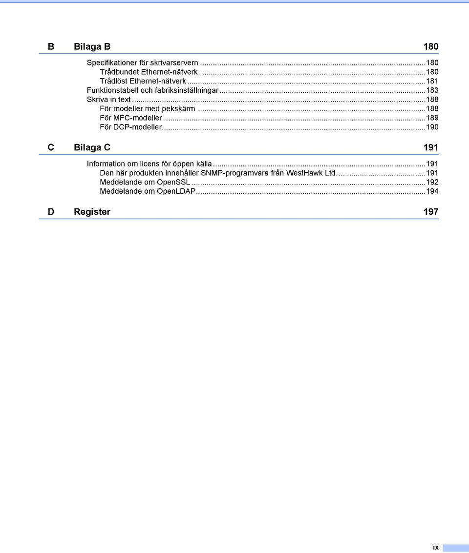 ..188 För MFC-modeller...189 För DCP-modeller...190 C Bilaga C 191 Information om licens för öppen källa.