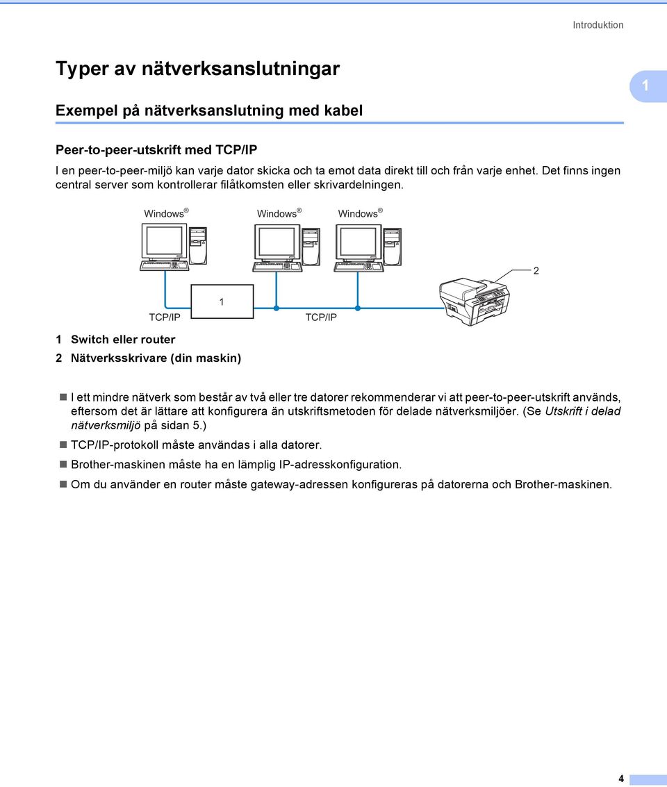 Windows Windows Windows 2 TCP/IP 1 TCP/IP 1 Switch eller router 2 Nätverksskrivare (din maskin) I ett mindre nätverk som består av två eller tre datorer rekommenderar vi att peer-to-peer-utskrift