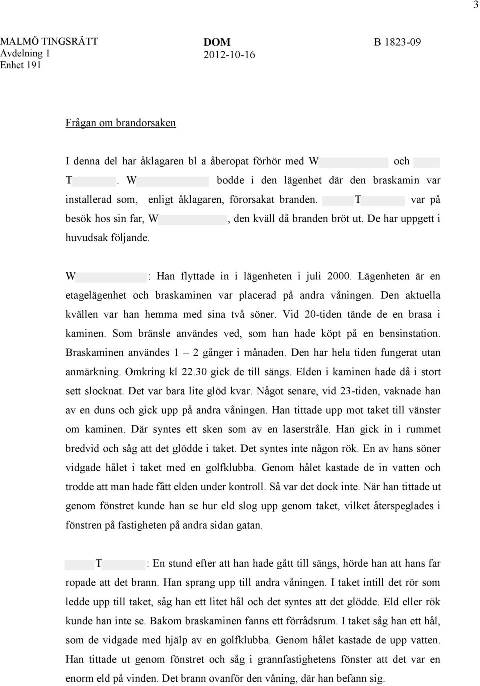 W : Han flyttade in i lägenheten i juli 2000. Lägenheten är en etagelägenhet och braskaminen var placerad på andra våningen. Den aktuella kvällen var han hemma med sina två söner.