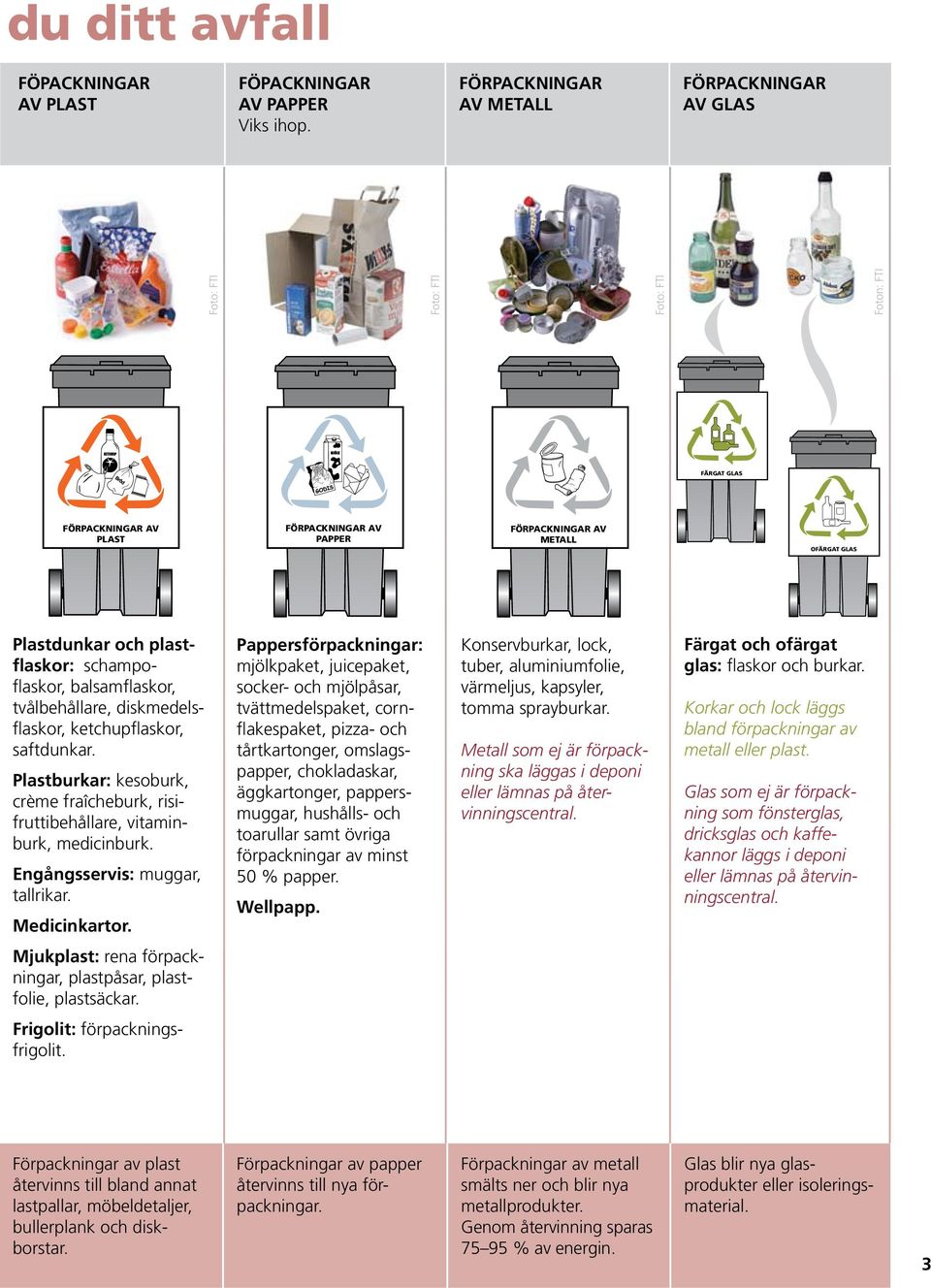 FÖRPACKNINGAR AV METALL OFÄRGAT GLAS Plastdunkar och plastflaskor: schampoflaskor, balsamflaskor, tvålbehållare, diskmedelsflaskor, ketchupflaskor, saftdunkar.