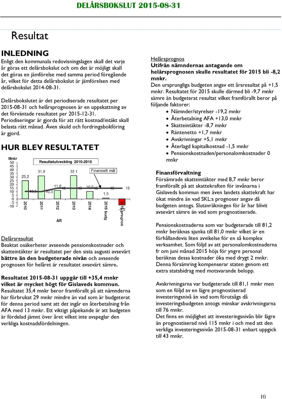 Delårsbokslutet är det periodiserade resultatet per 2015-08-31 och helårsprognosen är en uppskattning av det förväntade resultatet per 2015-12-31.