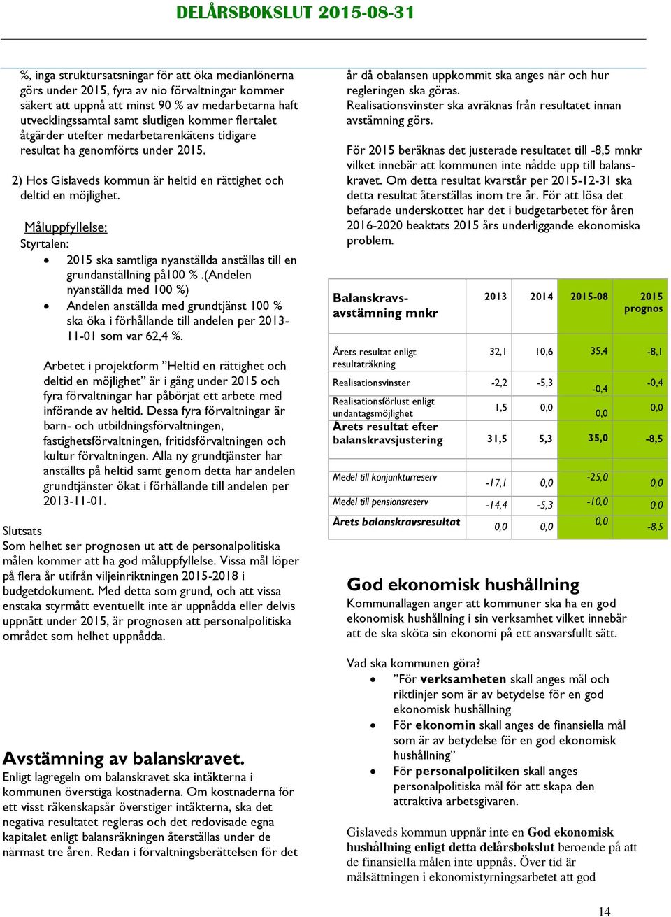 Måluppfyllelse: Styrtalen: 2015 ska samtliga nyanställda anställas till en grundanställning på100 %.