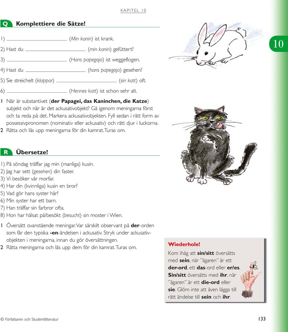 Gå igenom meningarna först och ta reda på det. Markera ackusativobjekten. Fyll sedan i rätt form av possessivpronomen (nominativ eller ackusativ) och rätt djur i luckorna.