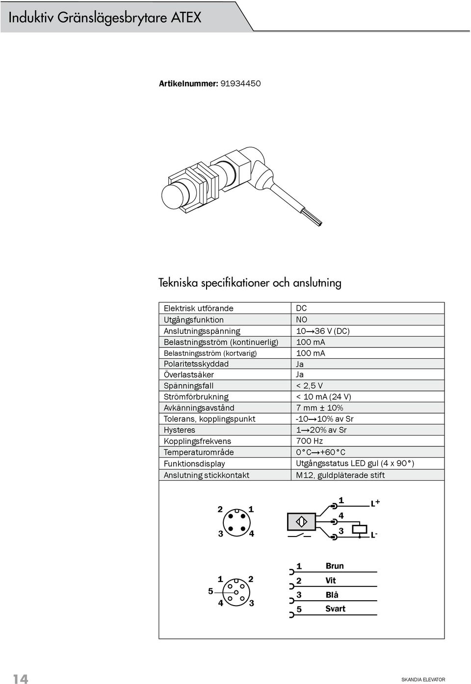 Strömförbrukning < 10 ma (24 V) Avkänningsavstånd 7 mm ± 10% Tolerans, kopplingspunkt -10 10% av Sr Hysteres 1 20% av Sr Kopplingsfrekvens 700 Hz