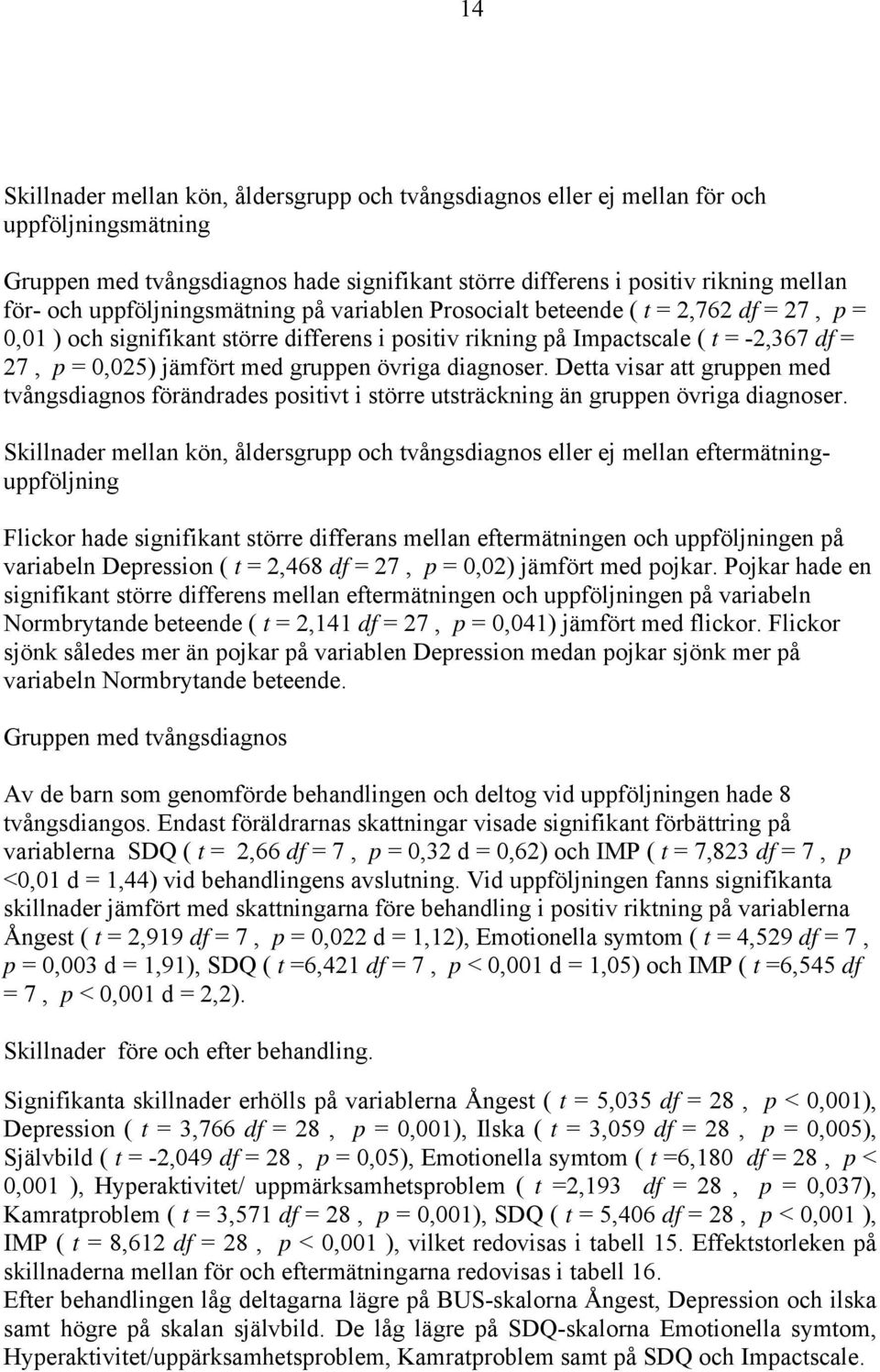 gruppen övriga diagnoser. Detta visar att gruppen med tvångsdiagnos förändrades positivt i större utsträckning än gruppen övriga diagnoser.