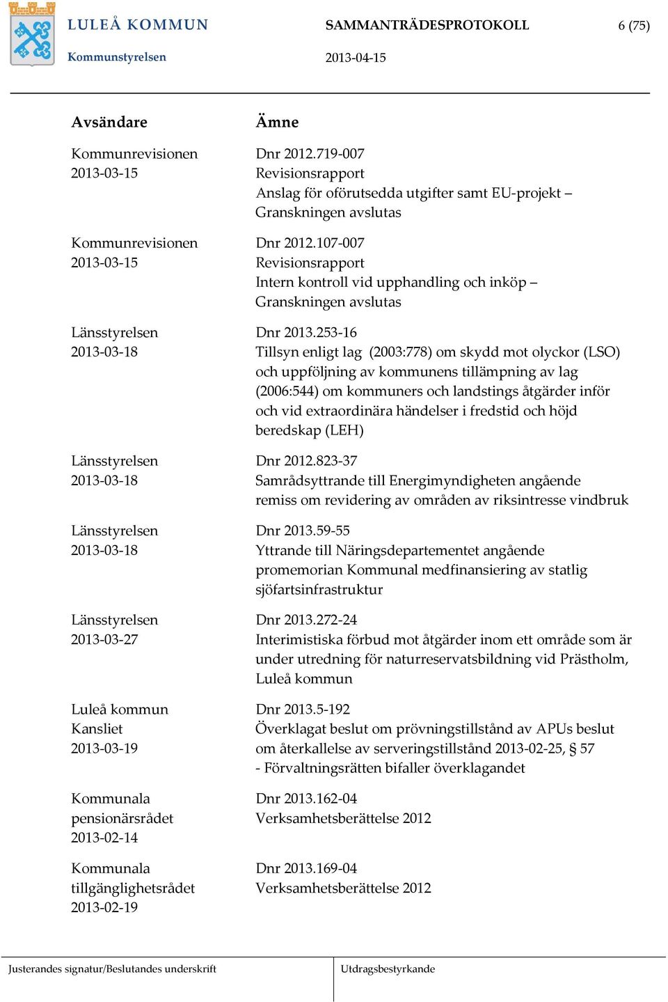 719 007 Revisionsrapport Anslag för oförutsedda utgifter samt EU projekt Granskningen avslutas Dnr 2012.