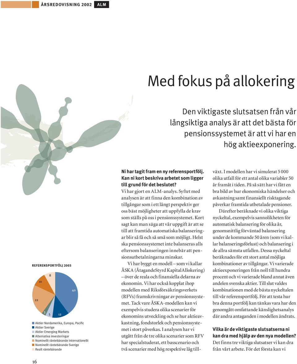 räntebärande Sverige Realt räntebärande Ni har tagit fram en ny referens portfölj. Kan ni kort beskriva arbetet som ligger till grund för det beslutet? Vi har gjort en ALM-analys.