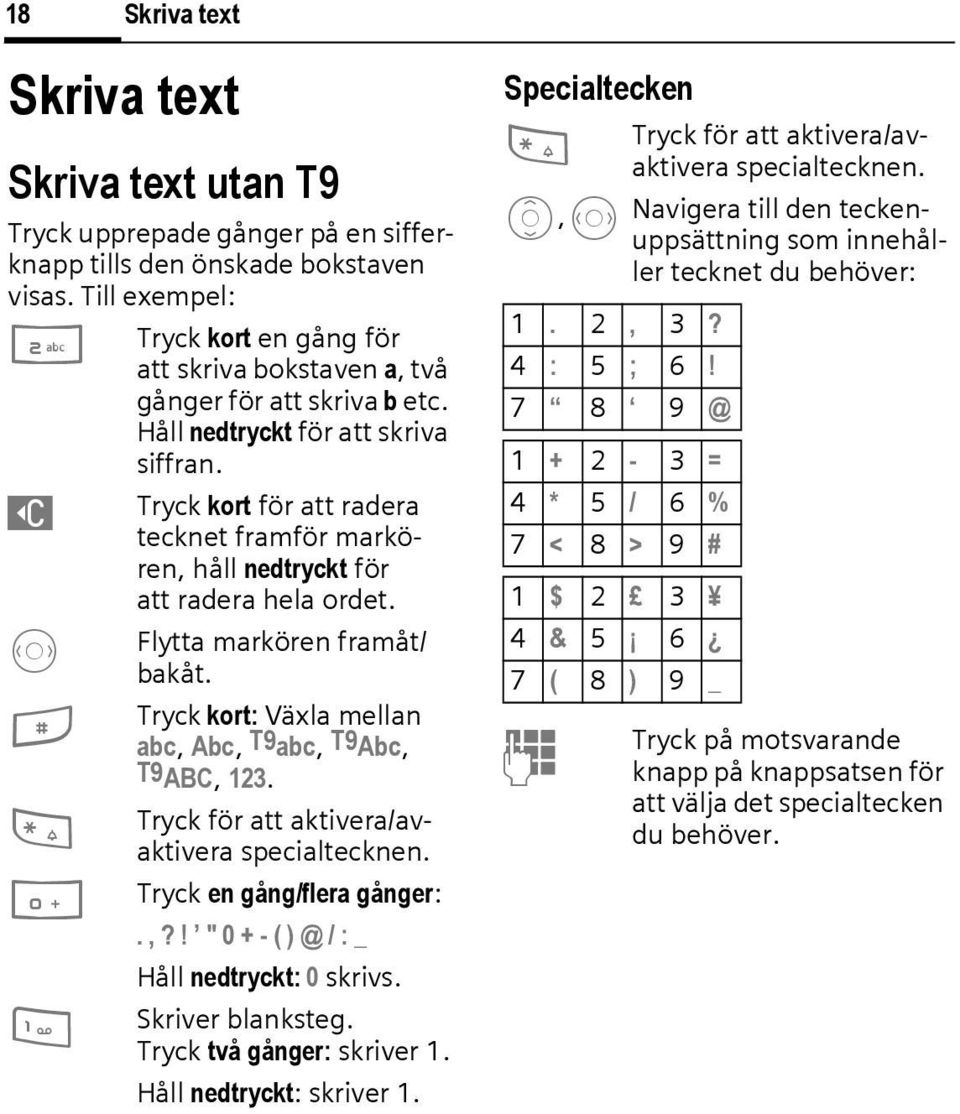 Tryck kort för att radera tecknet framför markören, håll nedtryckt för att radera hela ordet. Flytta markören framåt/ bakåt. Tryck kort: Växla mellan abc, Abc, T9abc, T9Abc, T9ABC, 123.