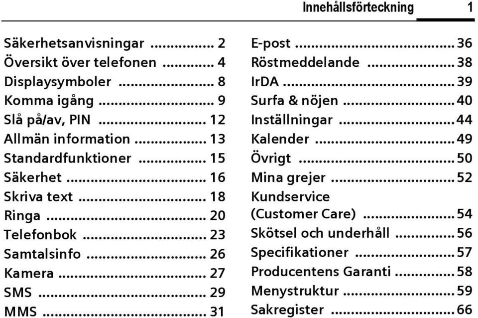 .. 31 nnehållsförteckning 1 E-post...36 Röstmeddelande...38 rda...39 Surfa & nöjen... 40 nställningar...44 Kalender...49 Övrigt.