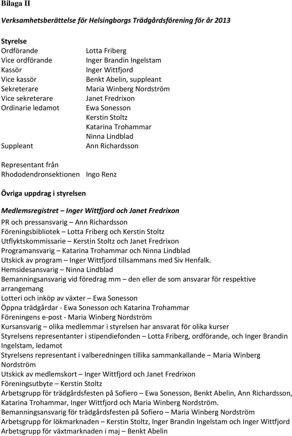 Representant från Rhododendronsektionen Ingo Renz Övriga uppdrag i styrelsen Medlemsregistret Inger Wittfjord och Janet Fredrixon PR och pressansvarig Ann Richardsson Föreningsbibliotek Lotta Friberg