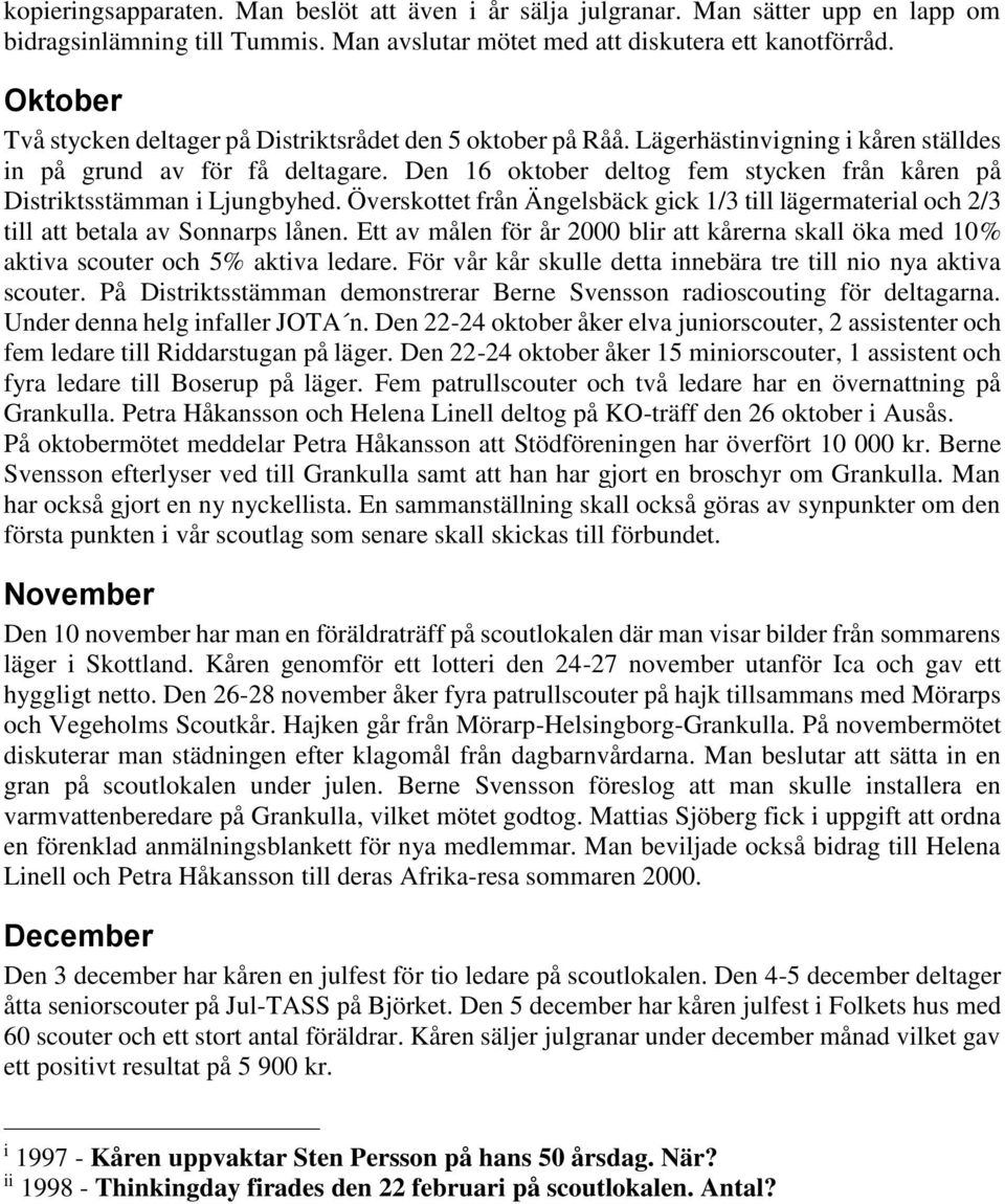 Den 16 oktober deltog fem stycken från kåren på Distriktsstämman i Ljungbyhed. Överskottet från Ängelsbäck gick 1/3 till lägermaterial och 2/3 till att betala av Sonnarps lånen.