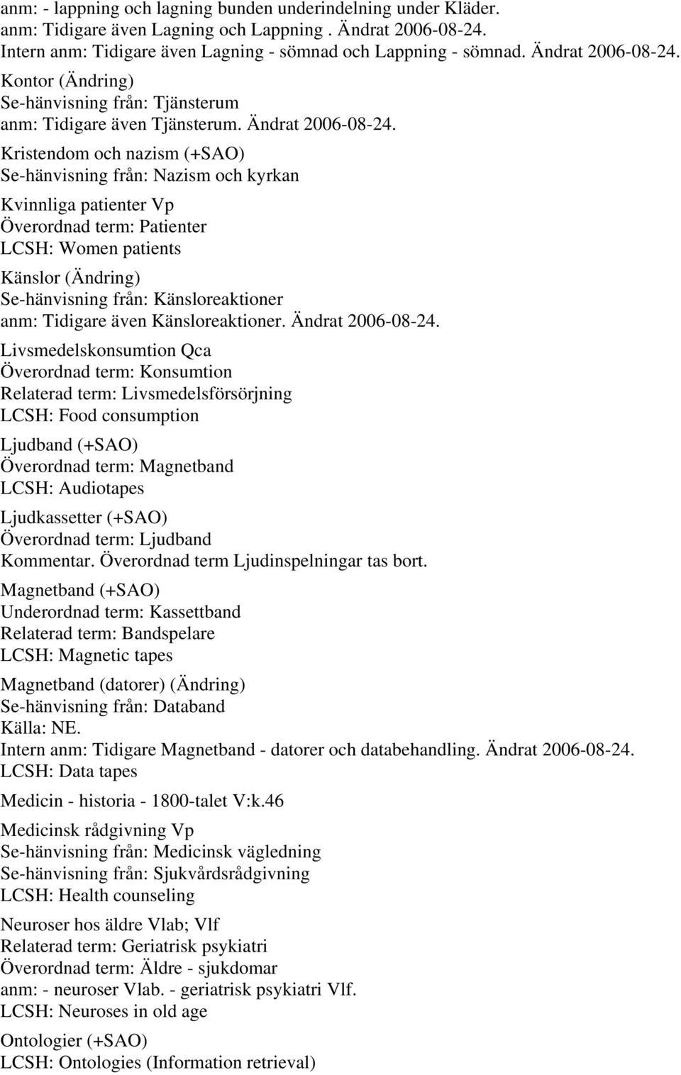 Kristendom och nazism (+SAO) Se-hänvisning från: Nazism och kyrkan Kvinnliga patienter Vp Överordnad term: Patienter LCSH: Women patients Känslor (Ändring) Se-hänvisning från: Känsloreaktioner anm: