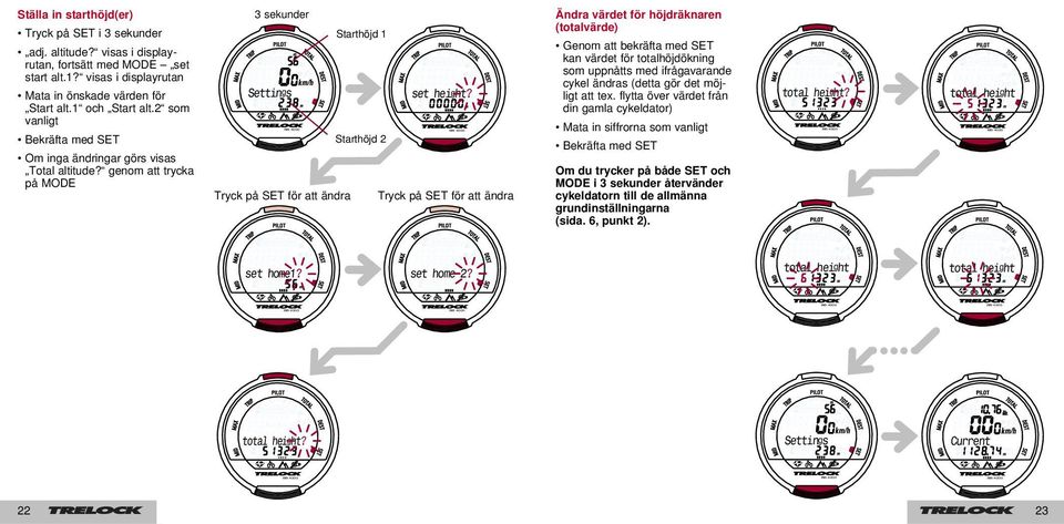 genom att trycka på MODE 3 sekunder Starthöjd 1 Starthöjd 2 Tryck på SET för att ändra Tryck på SET för att ändra Ändra värdet för höjdräknaren (totalvärde) Genom att bekräfta med SET kan