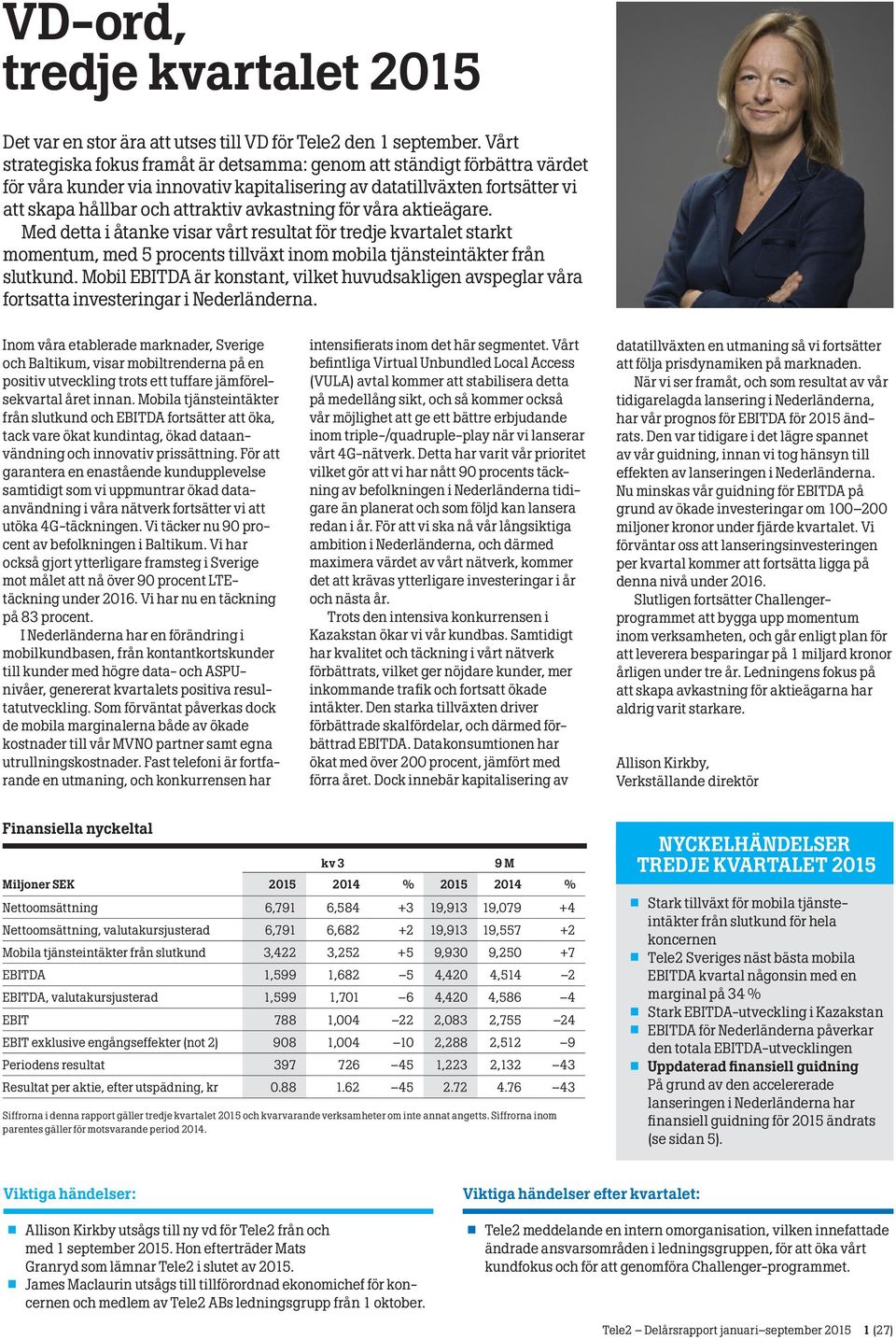 för våra aktieägare. Med detta i åtanke visar vårt resultat för tredje kvartalet starkt momentum, med 5 procents tillväxt inom mobila tjänsteintäkter från slutkund.