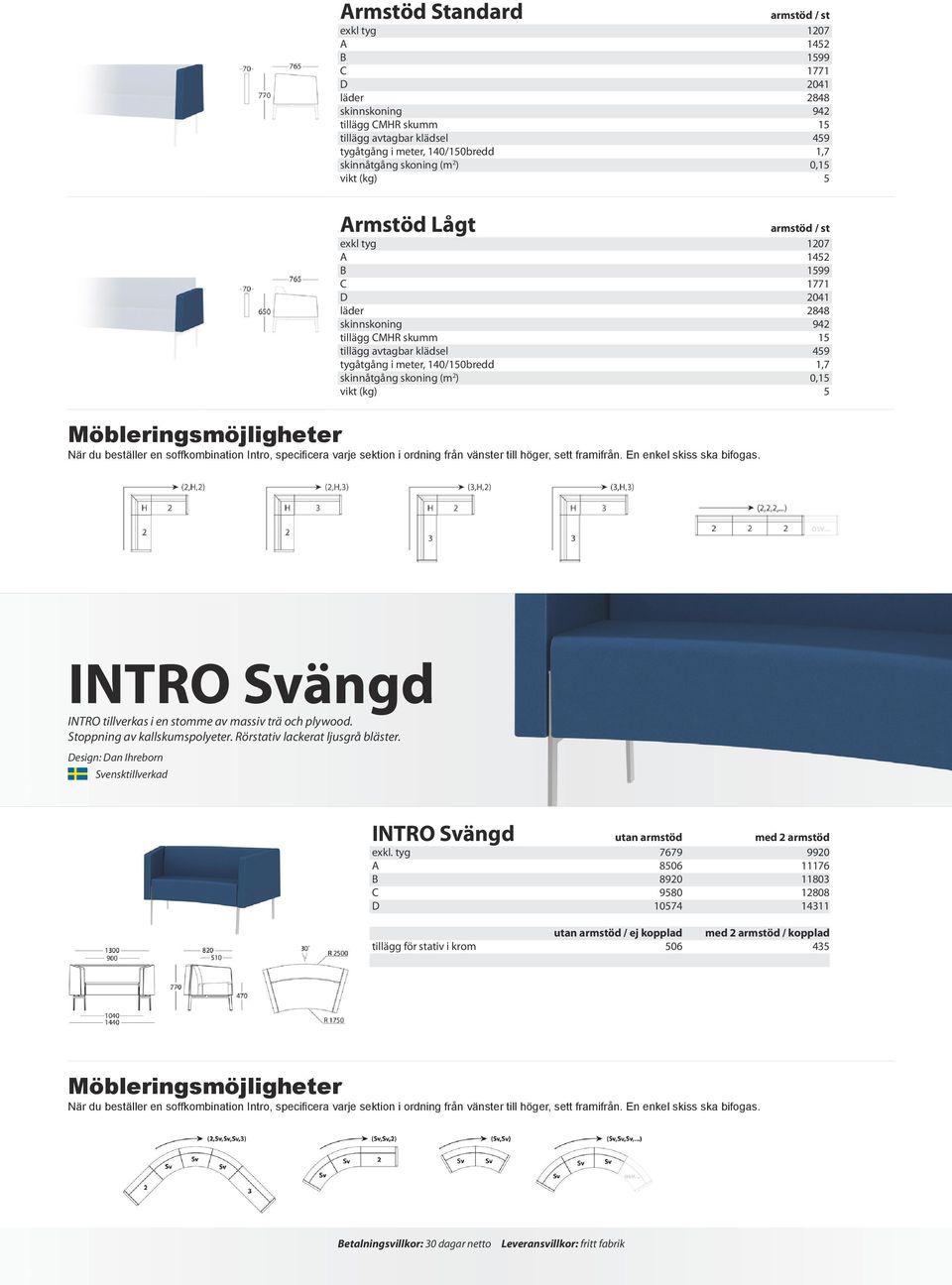 soffkombination Intro, specificera varje sektion i ordning från vänster till höger, sett framifrån. En enkel skiss ska bifogas. INTRO Svängd INTRO tillverkas i en stomme av massiv trä och plywood.