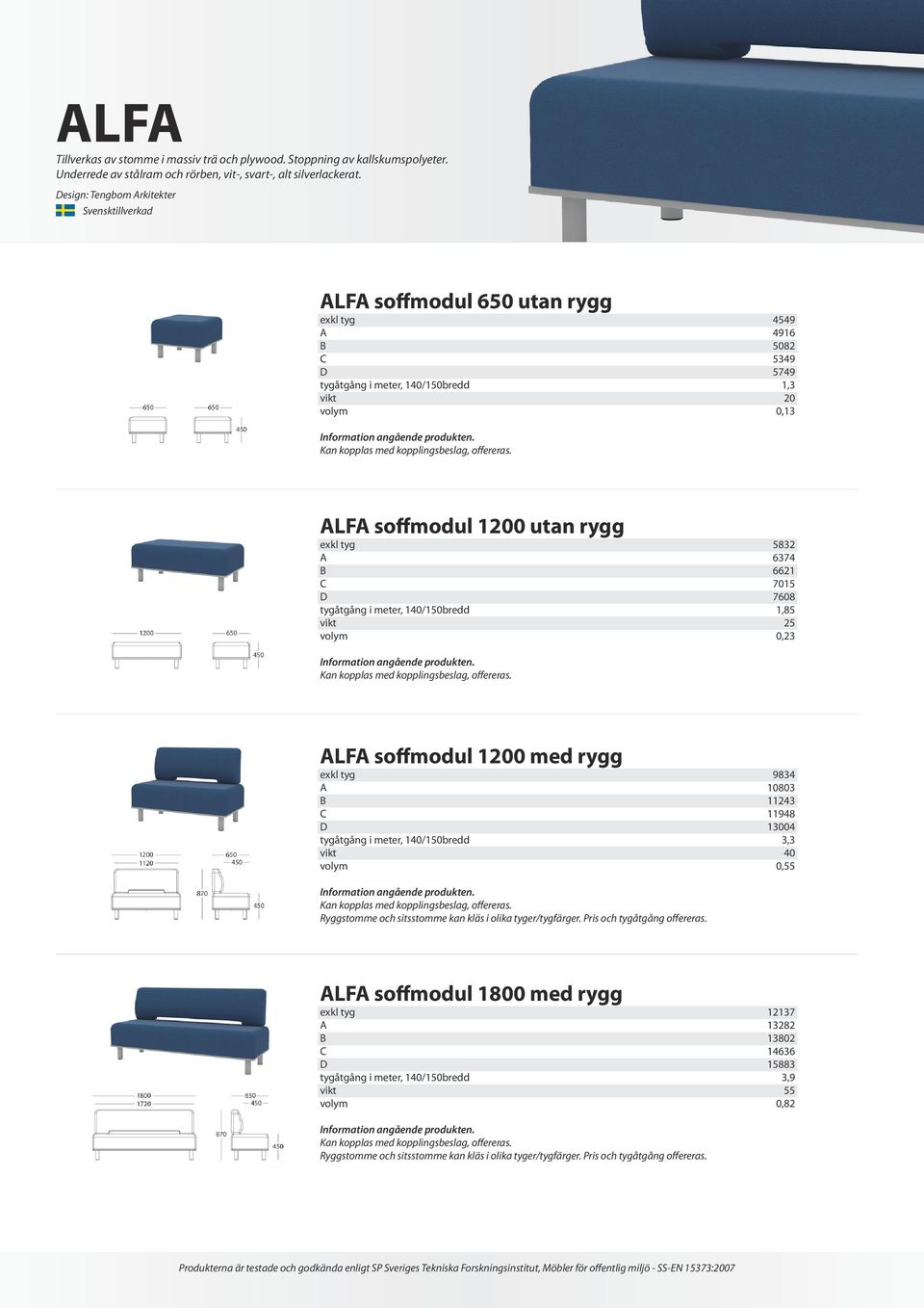 LF soffmodul 1200 utan rygg ekl tyg tygåtgång i meter, /bredd 5832 6374 6621 70 7608 1,85 25 0,23 Kan kopplas med kopplingsbeslag, offereras.