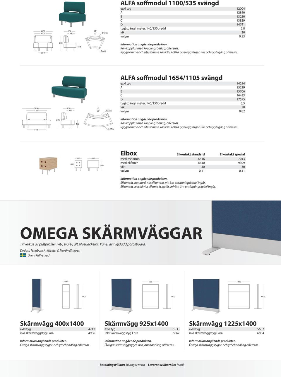 LF soffmodul 1654/1105 svängd ekl tyg tygåtgång i meter, /bredd 14214 239 706 16453 17575 3,5 50 0,82 Kan kopplas med kopplingsbeslag, offereras.