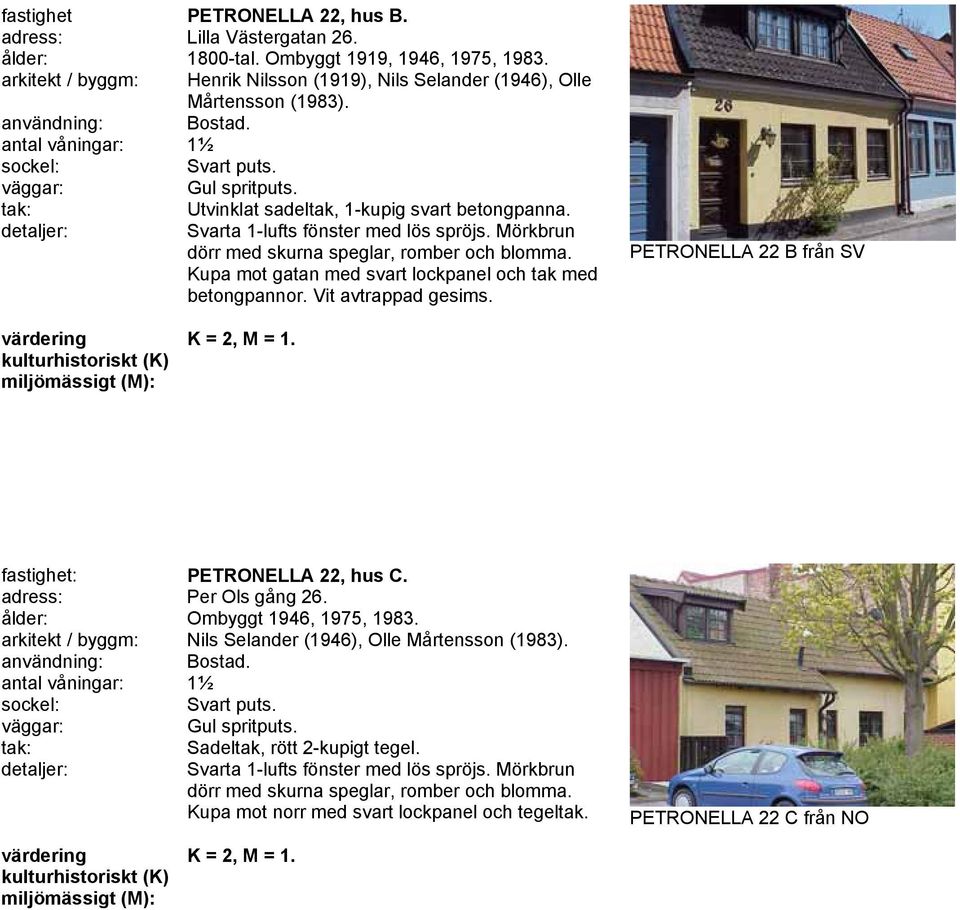 Kupa mot gatan med svart lockpanel och tak med betongpannor. Vit avtrappad gesims. PETRONELLA 22 B från SV fastighet: PETRONELLA 22, hus C. adress: Per Ols gång 26. ålder: Ombyggt 1946, 1975, 1983.