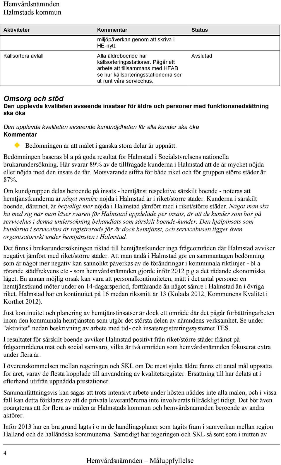 Avslutad Omsorg och stöd Den upplevda kvaliteten avseende insatser för äldre och personer med funktionsnedsättning ska öka Den upplevda kvaliteten avseende kundnöjdheten för alla kunder ska öka