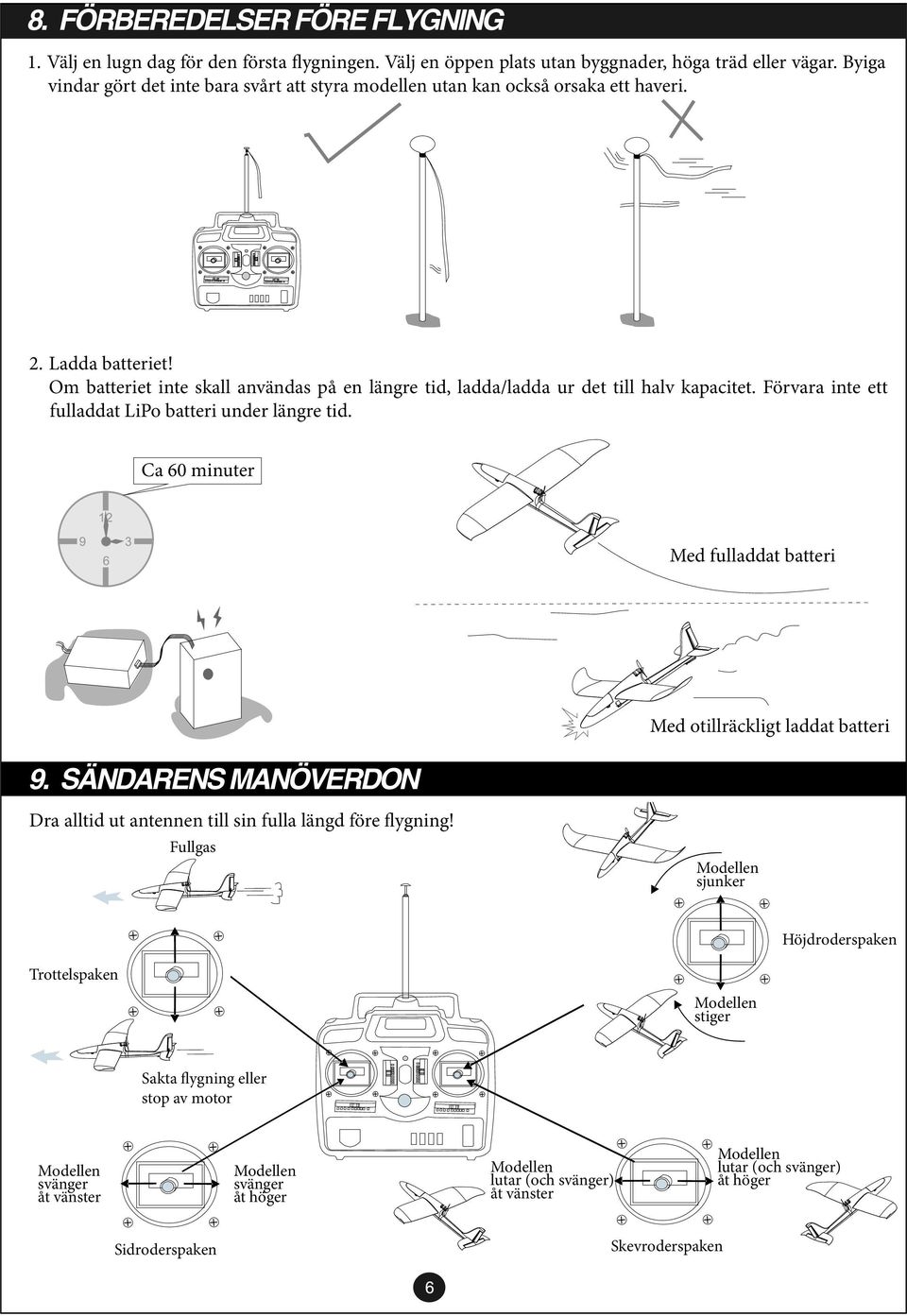 Om batteriet inte skall användas på en längre tid, ladda/ladda ur det till halv kapacitet. Förvara inte ett fulladdat LiPo batteri under längre tid. Ca 60 minuter Med fulladdat batteri 9.