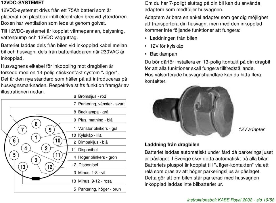 Batteriet laddas dels från bilen vid inkopplad kabel mellan bil och husvagn, dels från batteriladdaren när 230VAC är inkopplad.