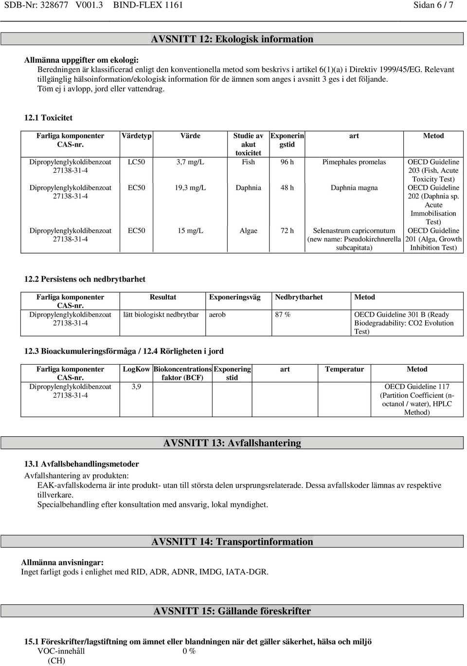 1999/45/EG. Relevant tillgänglig hälsoinformion/ekologisk informion för de ämnen som anges i avsnitt 3 ges i det följande. Töm ej i avlopp, jord eller vtendrag. 12.