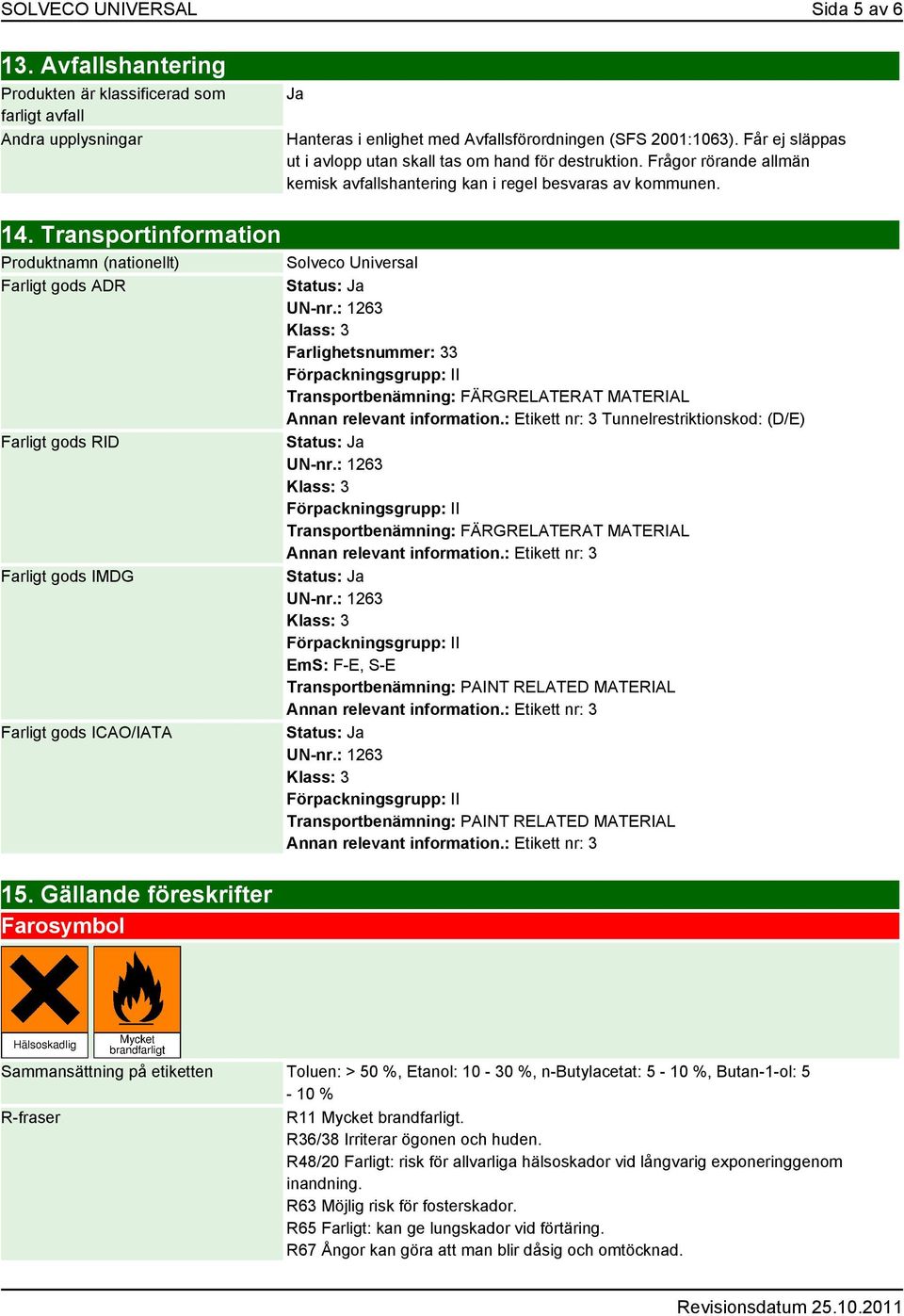 Transportinformation Produktnamn (nationellt) Farligt gods ADR Farligt gods RID Farligt gods IMDG Farligt gods ICAO/IATA 15.