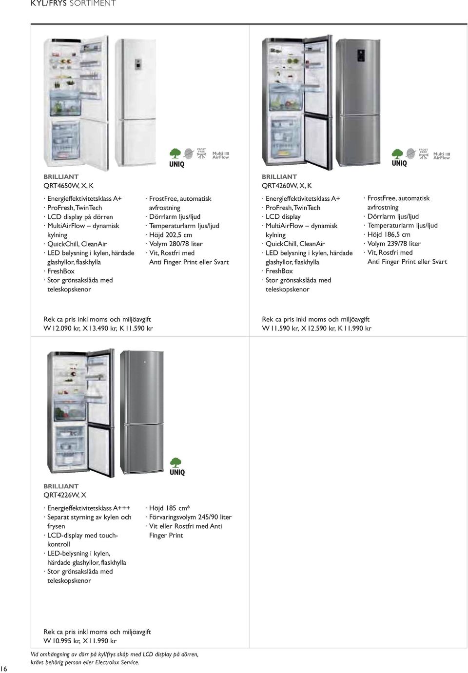 Stor grönsakslåda med teleskopskenor FrostFree, automatisk avfrostning Dörrlarm ljus/ljud Temperaturlarm ljus/ljud Vit, Rostfri med Anti Finger Print eller Svart Rek ca pris inkl moms och miljöavgift