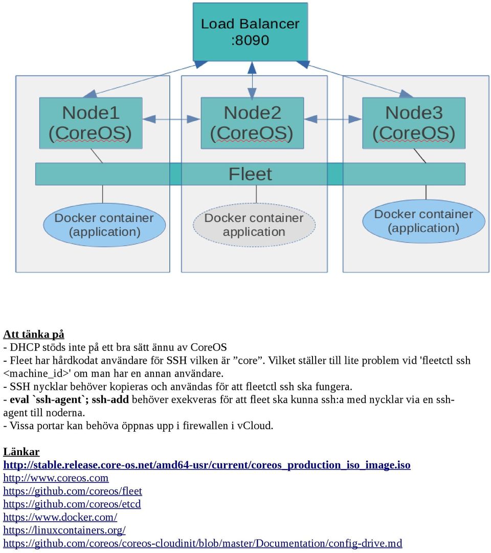 - eval `ssh-agent`; ssh-add behöver exekveras för att fleet ska kunna ssh:a med nycklar via en sshagent till noderna. - Vissa portar kan behöva öppnas upp i firewallen i vcloud.