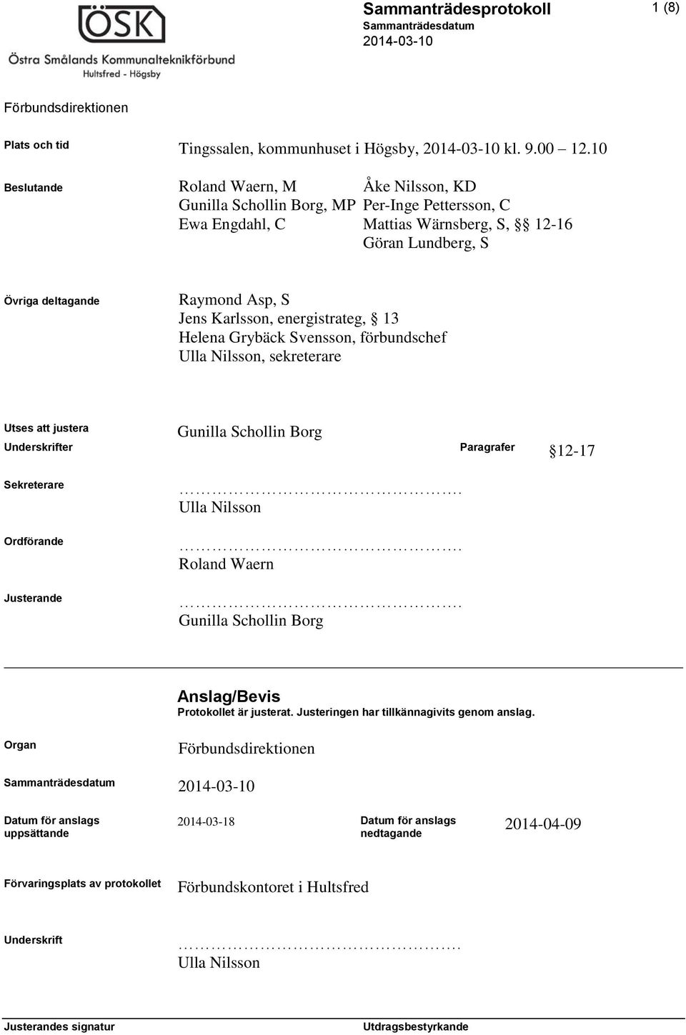 Karlsson, energistrateg, 13 Helena Grybäck Svensson, förbundschef Ulla Nilsson, sekreterare Utses att justera Gunilla Schollin Borg Underskrifter Paragrafer 12-17 Sekreterare Ordförande