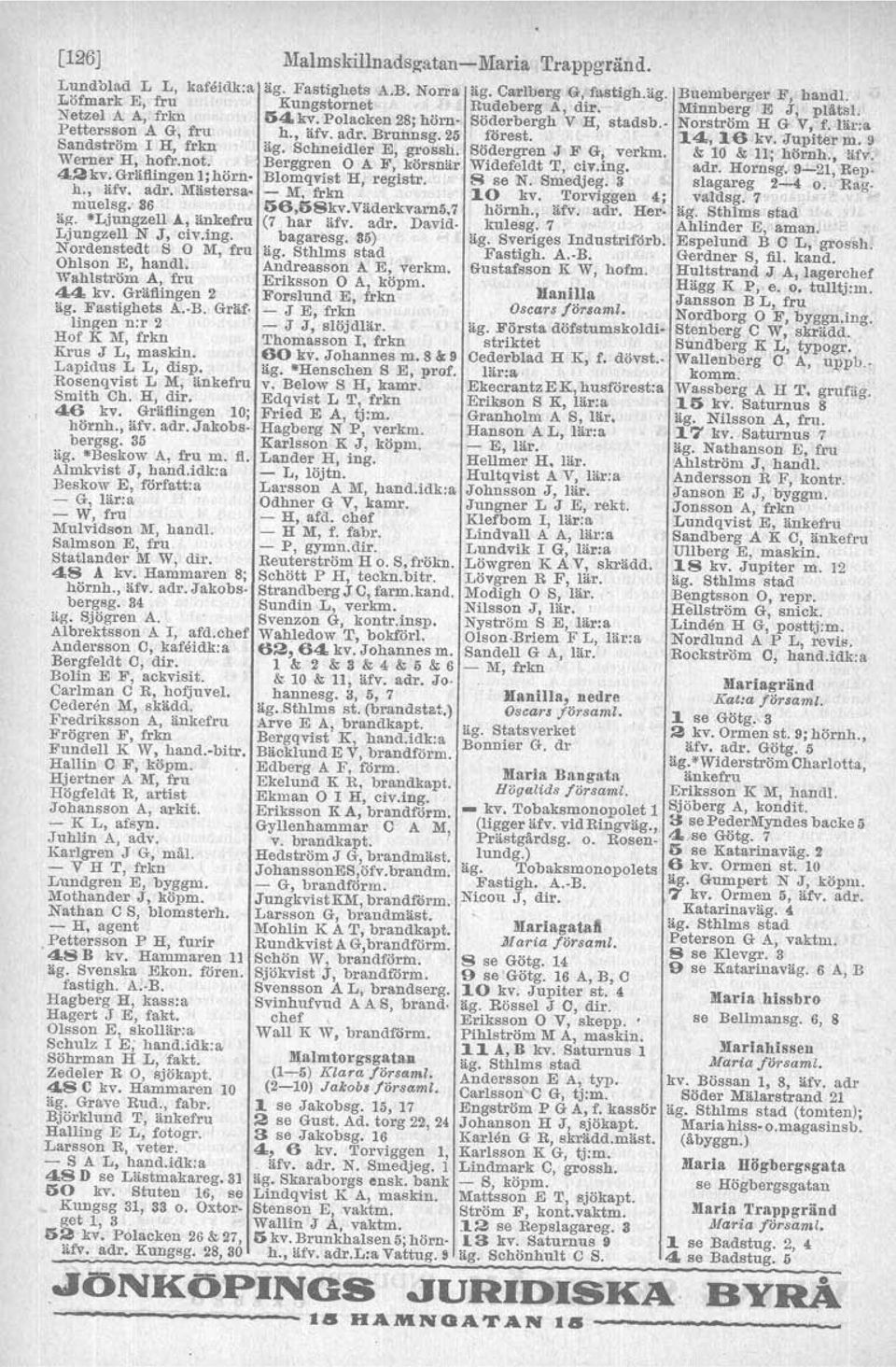 Malmskillnadsg-atan- Maria Trappgränd. äg. Fastighets A,B. Norra äg. Carlberg G;fastigh.äg. Kungstornet Rudeberg A, dir. 54. kv, Polacken 28; hörn- Söderbergh V H, stadsb.. h., ärv. adr, Brunnsg.