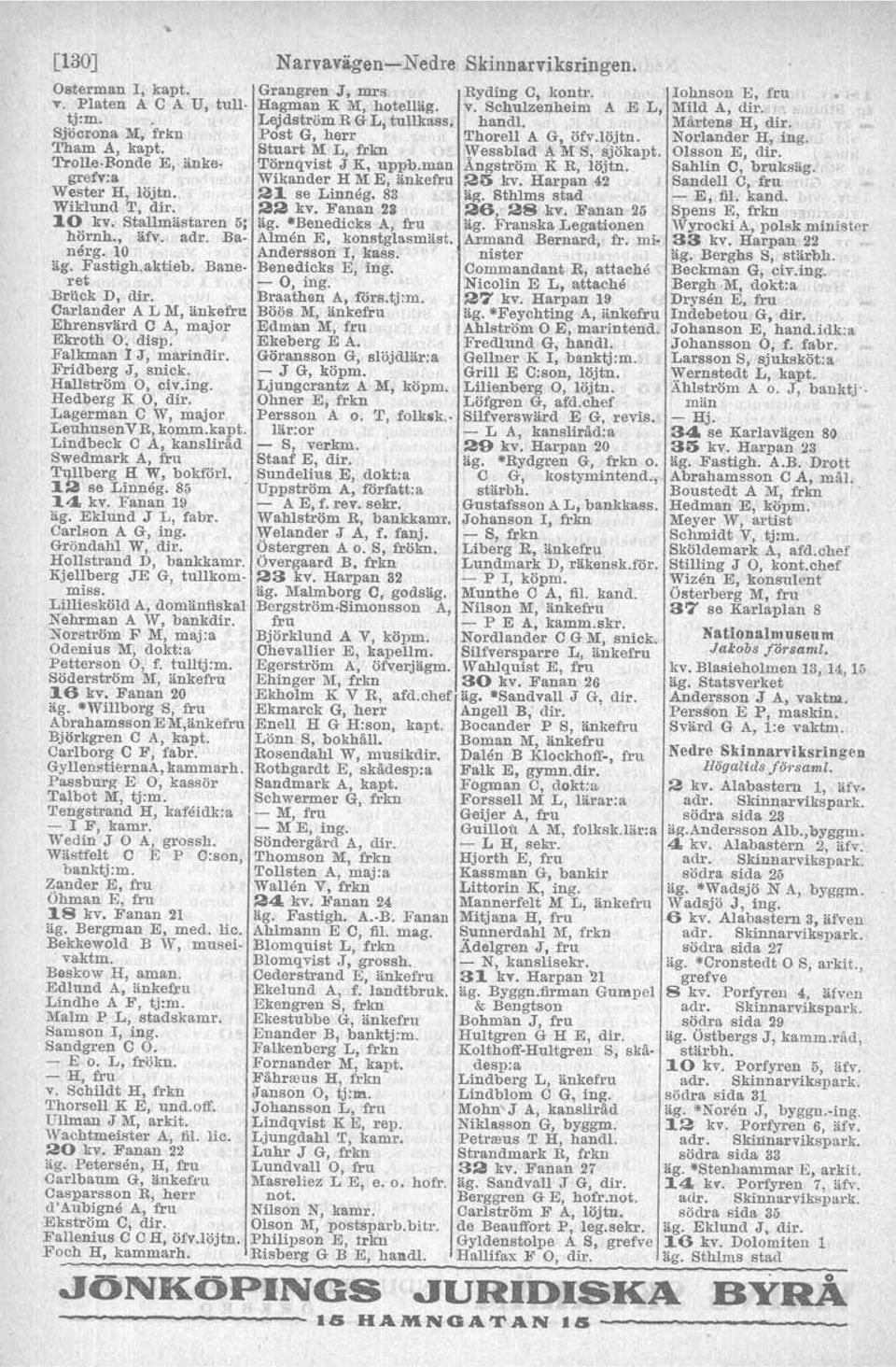 Lagerman O W, major Leuhusen VR, komrn.kapt. Lindbeck O A, kansliräd Swedmark A, fru Tqllberg H W, bokföri, 12 se Linneg. 85 14 kv. Fanan 19 äg. Eklund J L, fabr. Carlson A G, ing, Gröndahl W, dir.