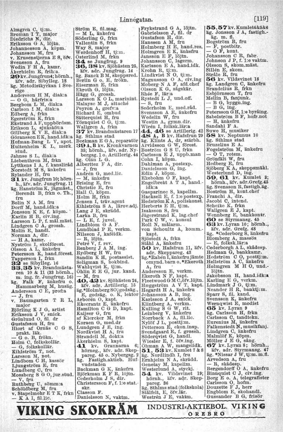 Vallentin S, frkn Hanssen A M, fru Way 8, major Holmberg H E, hand.res. Werdenhoff H, tj:m. Holmgren E K, änkefru Österlind M, frkn Jansson E F, löjtn. 34 se Jungfrug. 9 Johansson C, lagerm.