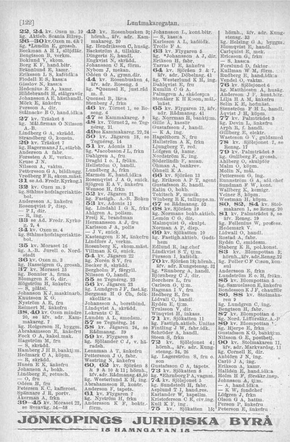 Stålnacke BO, hand.idk:a 27 kv. Träsket S äg. Mä!.firman Nilsson A. B. Lindberg G A, skrädd. Strandberg G, konstu. 29 kv. Träsket 7 äg. Hagermans J L, stärbh. Anderson A fabr. Forssten A E, verkm.