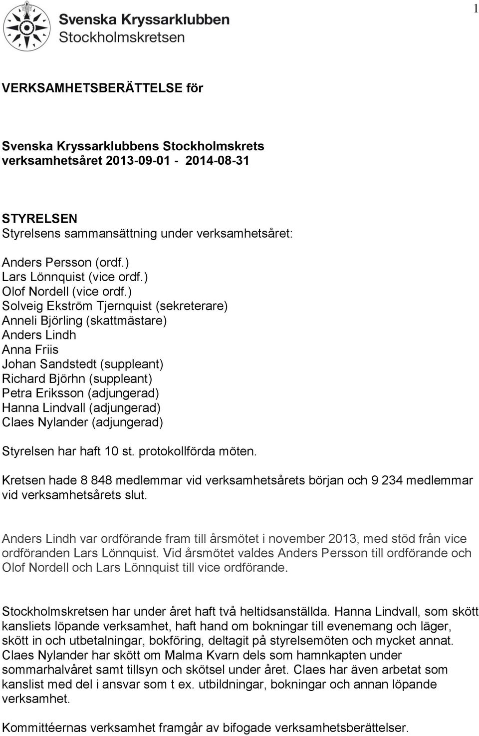 ) Solveig Ekström Tjernquist (sekreterare) Anneli Björling (skattmästare) Anders Lindh Anna Friis Johan Sandstedt (suppleant) Richard Björhn (suppleant) Petra Eriksson (adjungerad) Hanna Lindvall