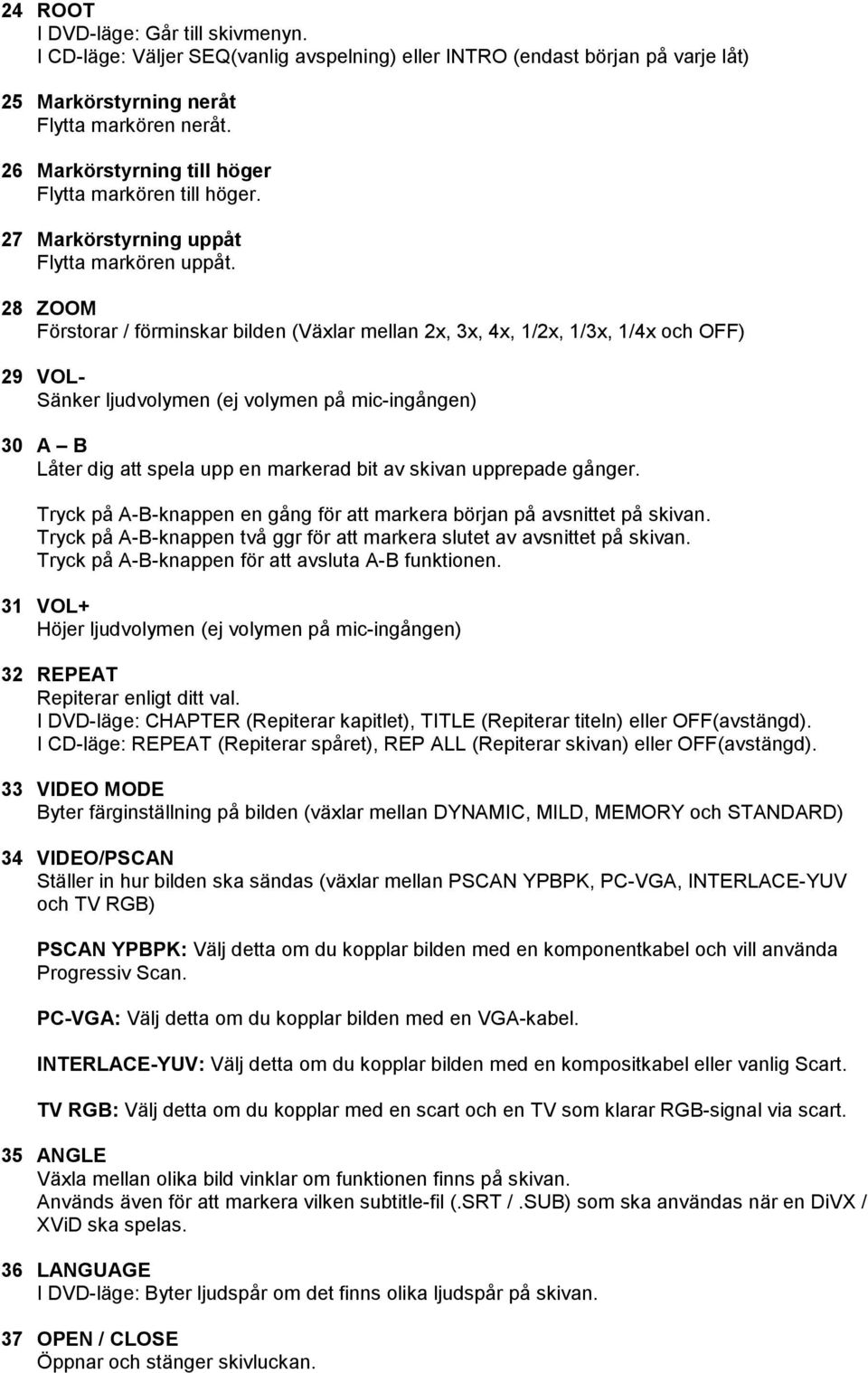 28 ZOOM Förstorar / förminskar bilden (Växlar mellan 2x, 3x, 4x, 1/2x, 1/3x, 1/4x och OFF) 29 VOL- Sänker ljudvolymen (ej volymen på mic-ingången) 30 A B Låter dig att spela upp en markerad bit av