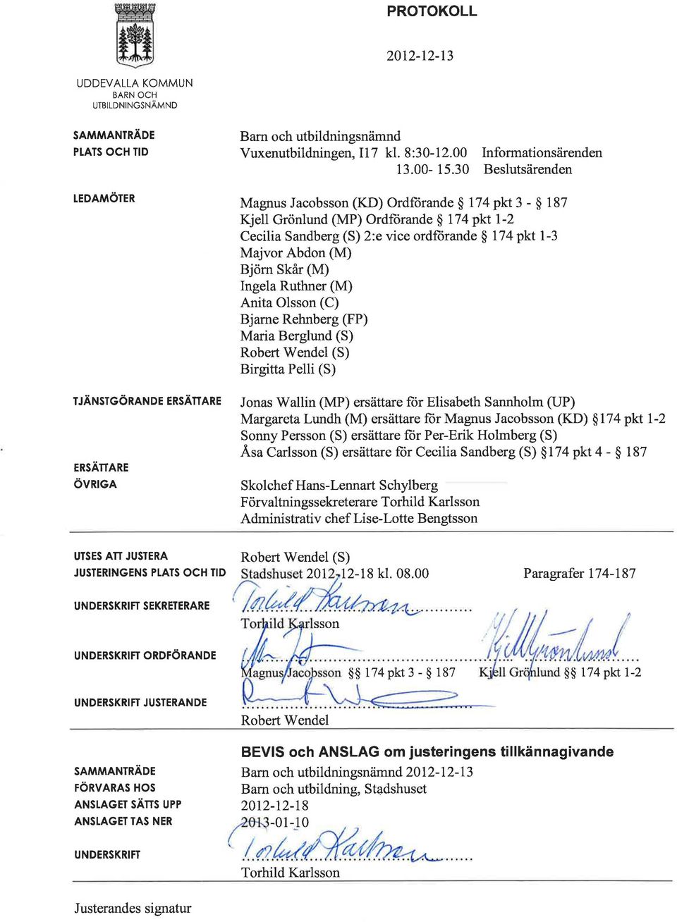 Sandberg (S) 2:e vice ordfiirande $ 174 pkt l-3 Majvor Abdon (M) Björn Skår (M) Ingela Ruthner (M) Anita Olsson (C) Bjarne Rehnberg (FP) Maria Berglund (S) Robert \Mendel (S) Birgitta Pelli (S) Jonas