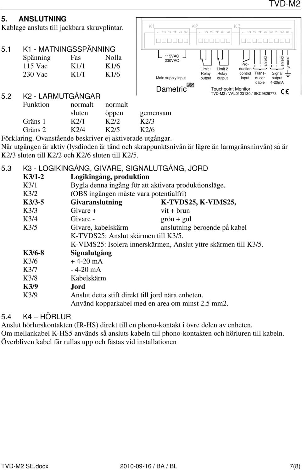 Limit 1 Relay output Limit 2 Relay output Production control input Transducer cable Touchpoint Monitor TVD-M2 / VAL0123130 / SKC9826773 + - shield shield ground Signal output 4-20mA När utgången är